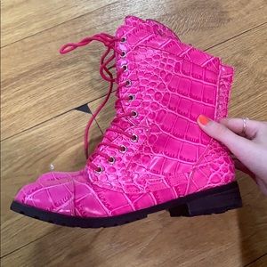 pink snakeskin combat boots